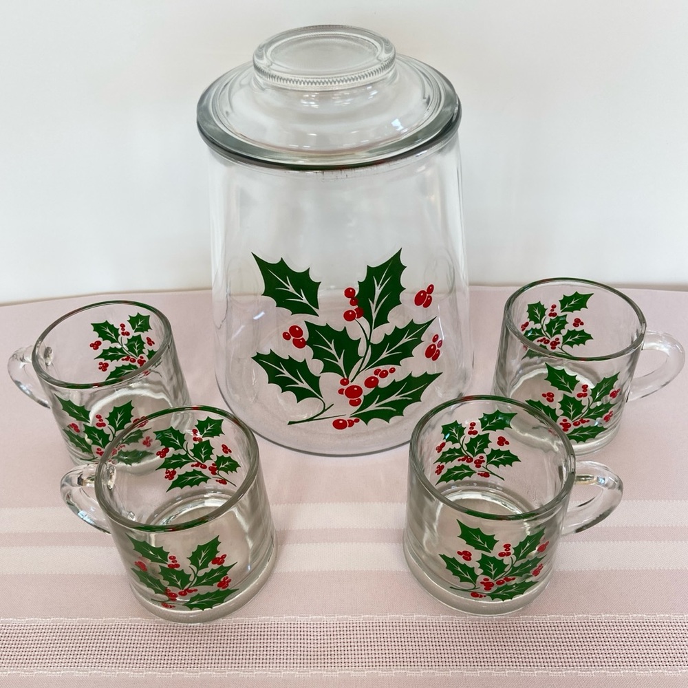 Indiana Glass Vintage Holly Collection Cookie Jar and Matching Set of Four Mugs